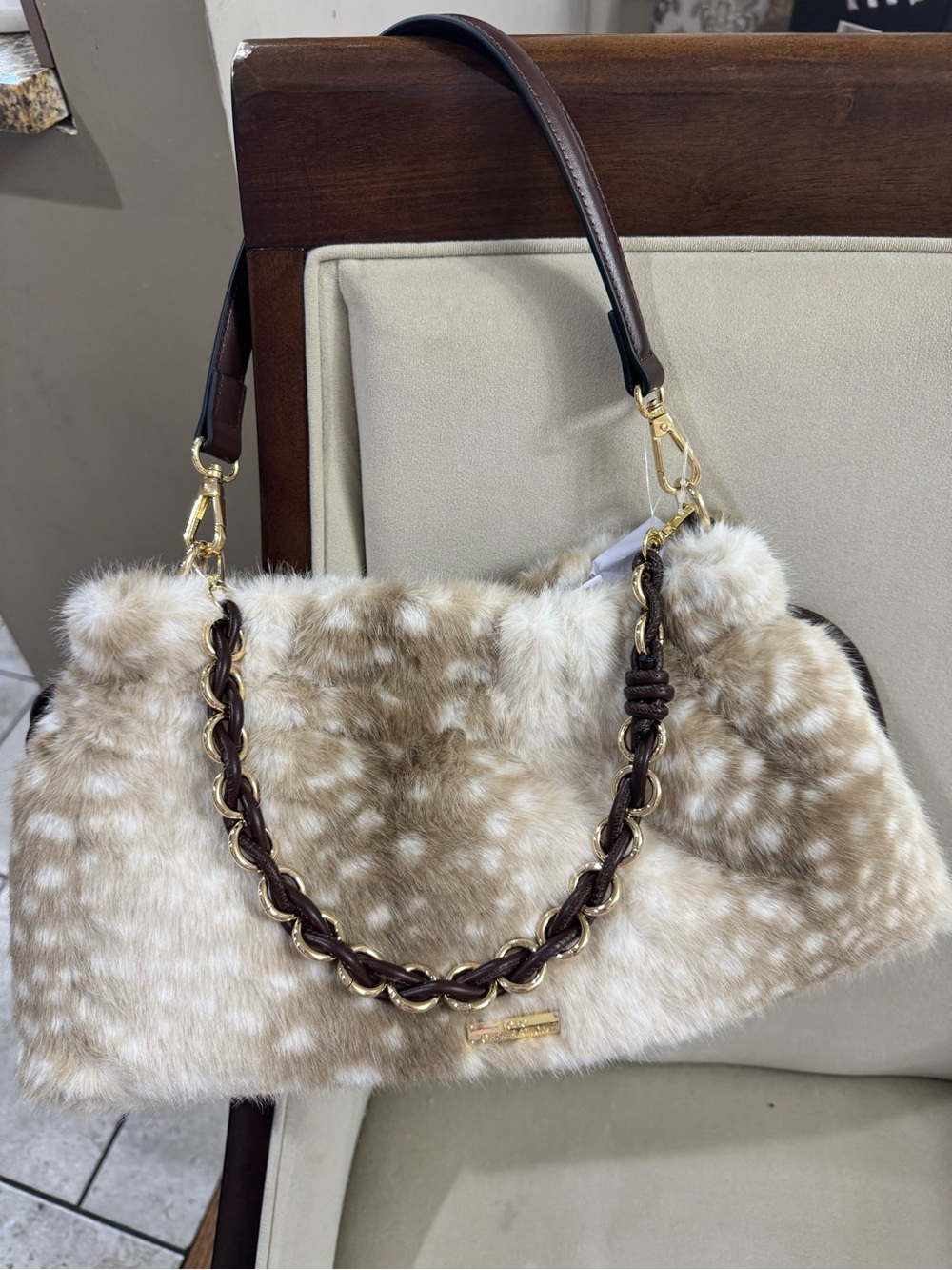 Doe Faux Fur Shoulder Bag in Cream and Brown - Women Bags